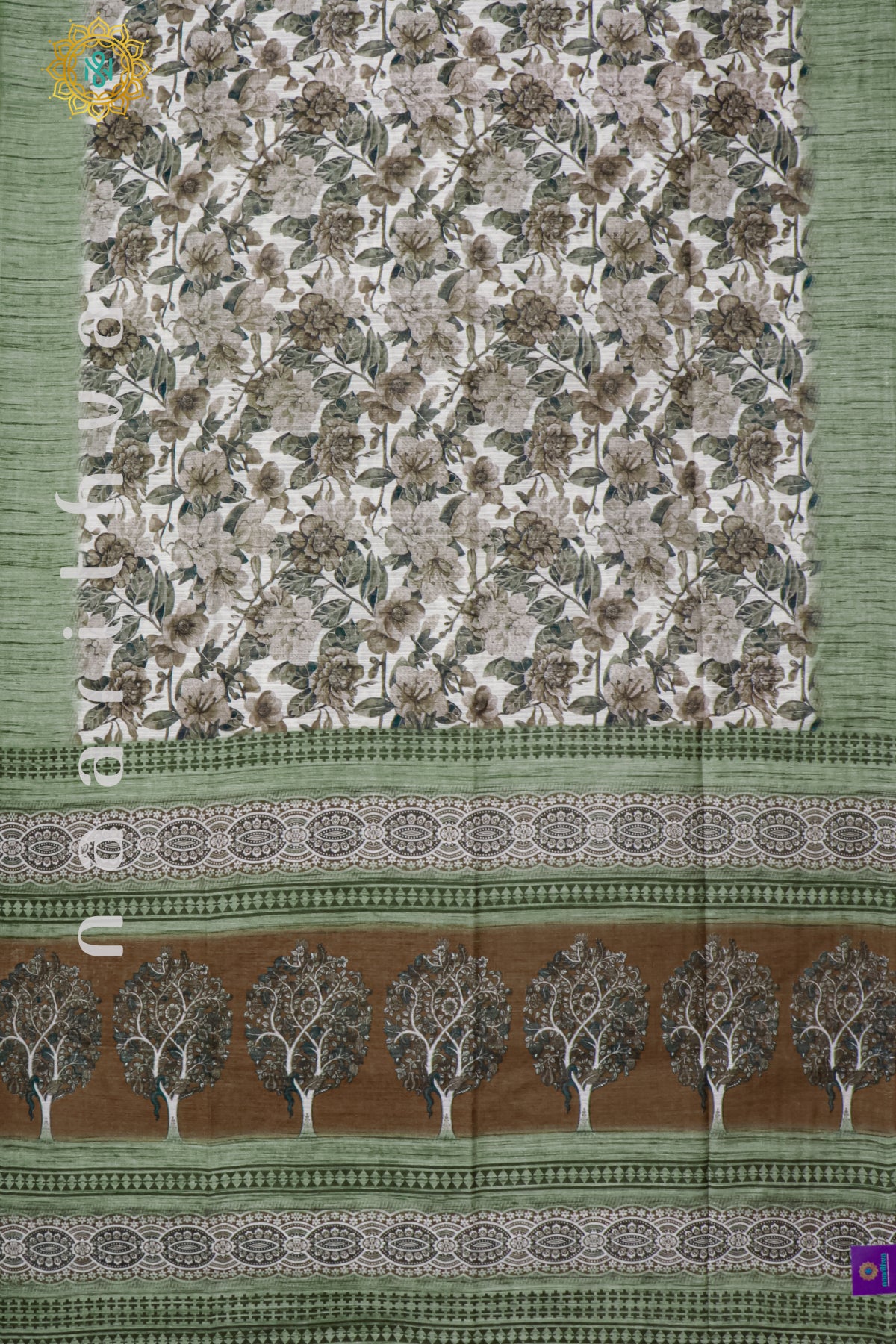 WHITE WITH SAGE GREEN - JUTE COTTON