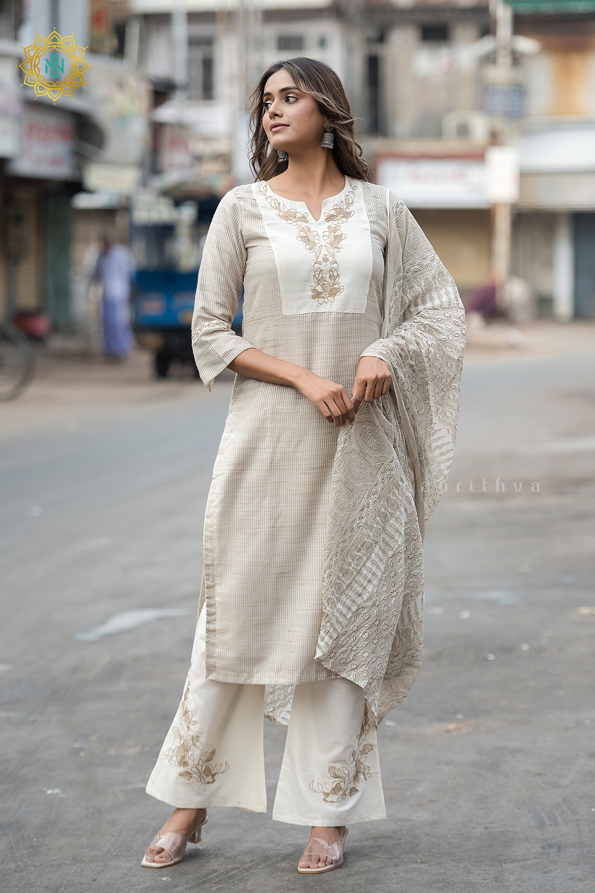OFF WHITE - LINEN BY COTTON 3PC SALWAR SUIT WITH TOP, BOTTOM & DUPATTA