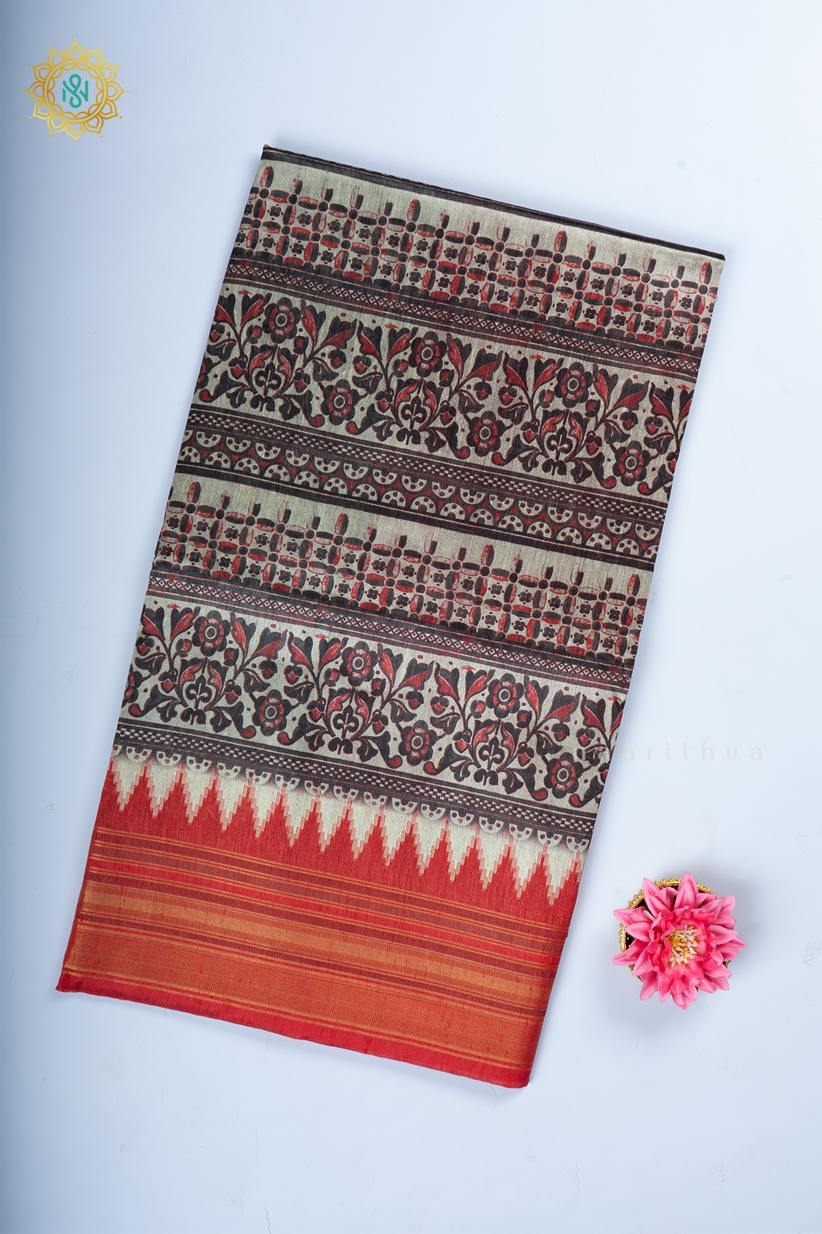 Black With Red Semi Tussar Silk With Printed Body With Zari Border & Pallu