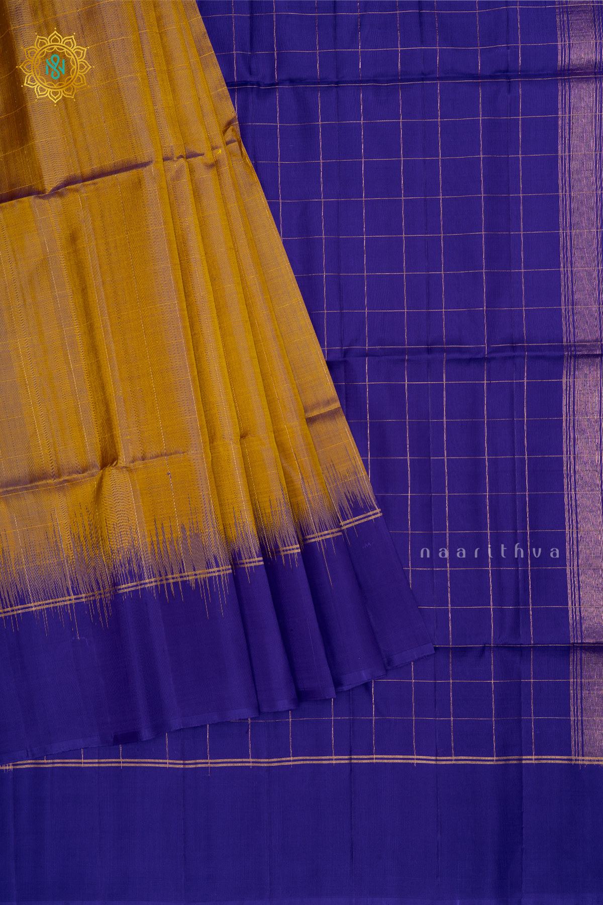 Dual Shade Of Gold With Royal Blue Pure Kanjiavaram Soft Silk Saree with Zari Checks All Over and Contrast Border