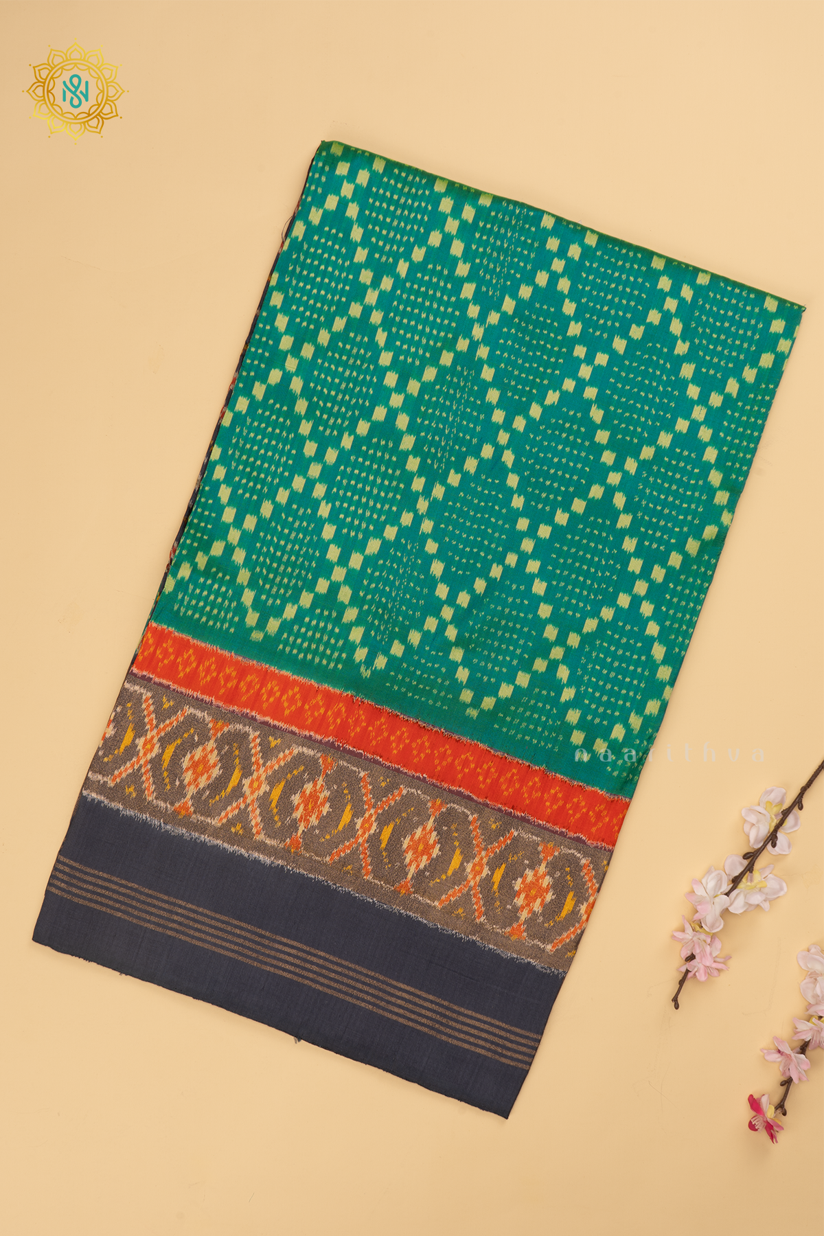Dual Shade of Green with Elephant Grey Ikkat Pure Silk Saree with Patola Printed Body and Zari Border