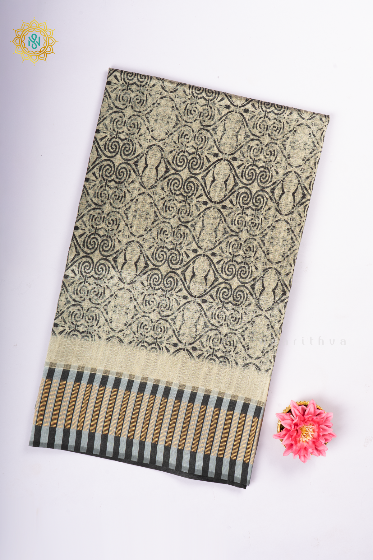 Beige With Black Semi Tussar Silk With Printed Body With Zari Border & Pallu
