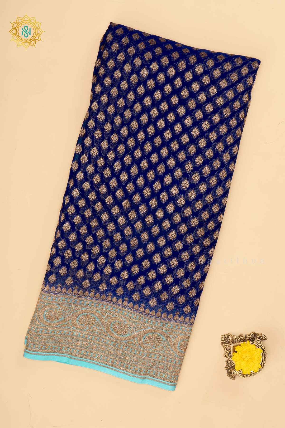Royal Blue With Sky Blue Pure Banarasi Khaddi Georgette Saree Allover Zari Woven Buttas And Contrast Zari Woven Border