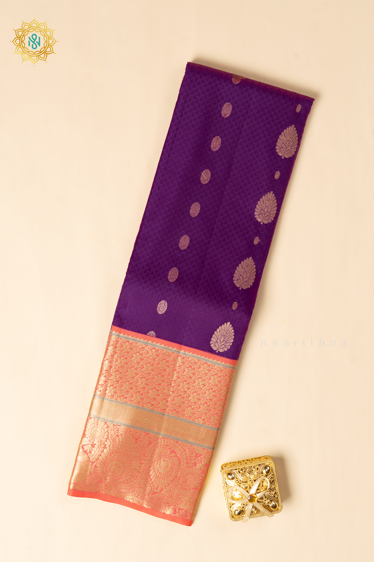 Purple with Peach Pure Kanjivaram Silk Saree with Zari Woven Buttas and Contrast Zari Border