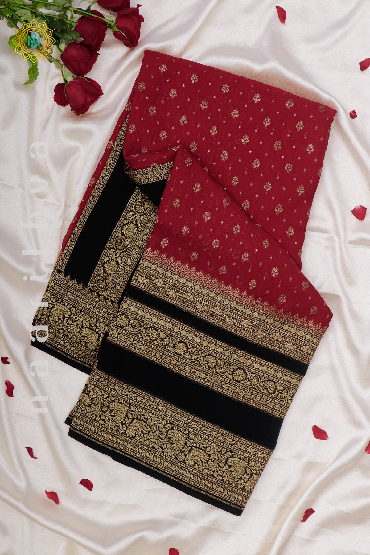 RED WITH BLACK - PURE HANDLOOM KHADDI GEORGETTE BANARAS