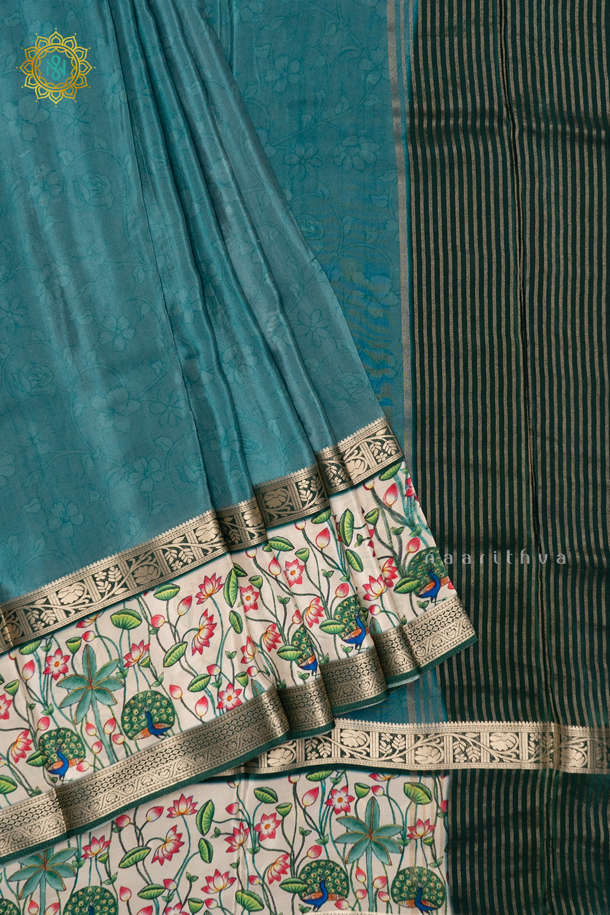 AQUA BLUE WITH OFF WHITE - SEMI CREPE SILK