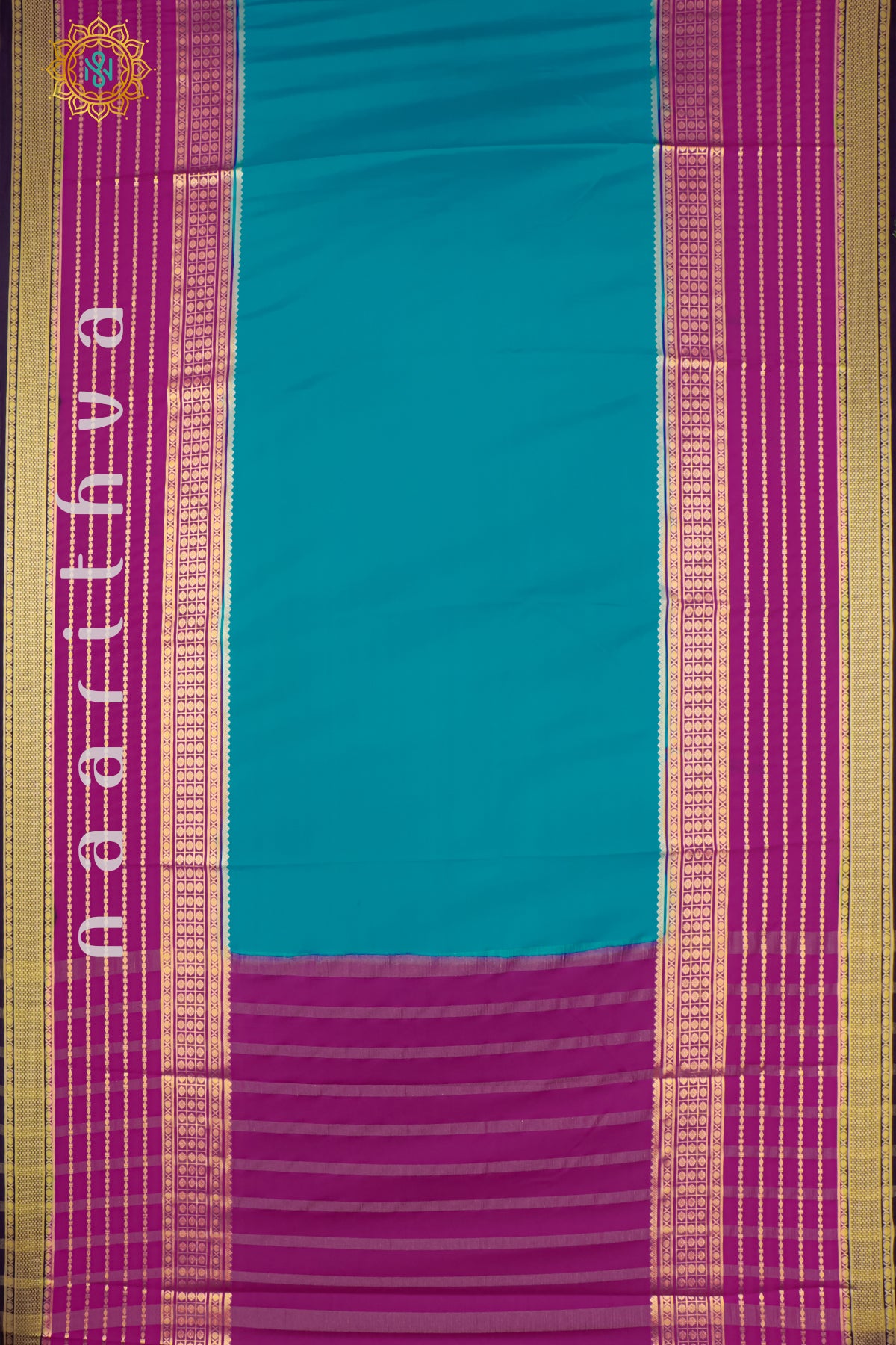 SKY BLUE WITH PINK & NAVY BLUE - SEMI MYSORE CREPE SILK