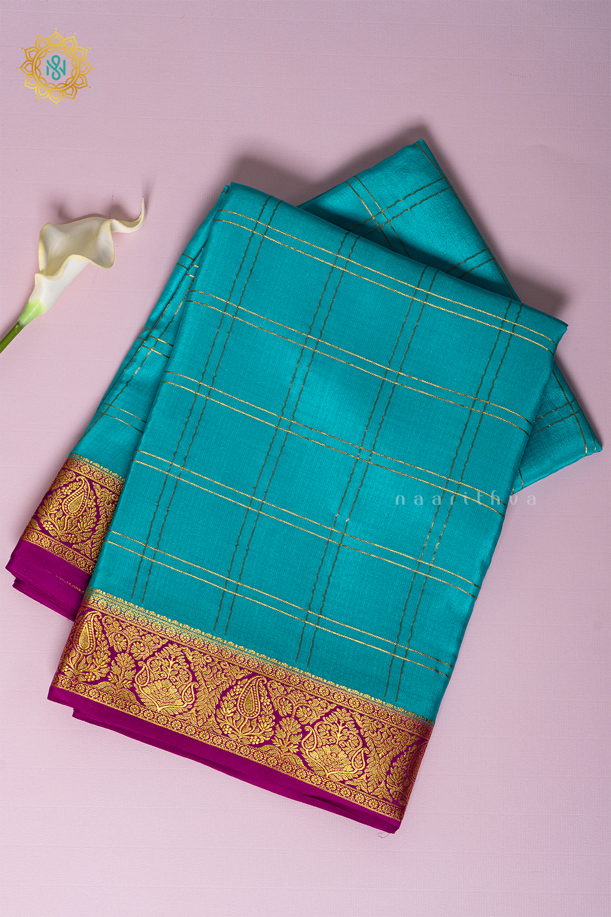 AQUA BLUE WITH PINK - PURE MYSORE CREPE SILK