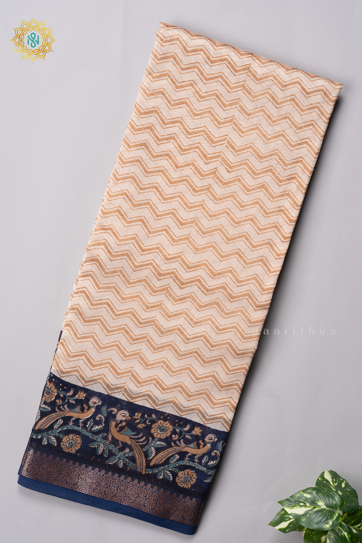 OFF WHITE WITH NAVY BLUE - CHANDERI SLK COTTON
