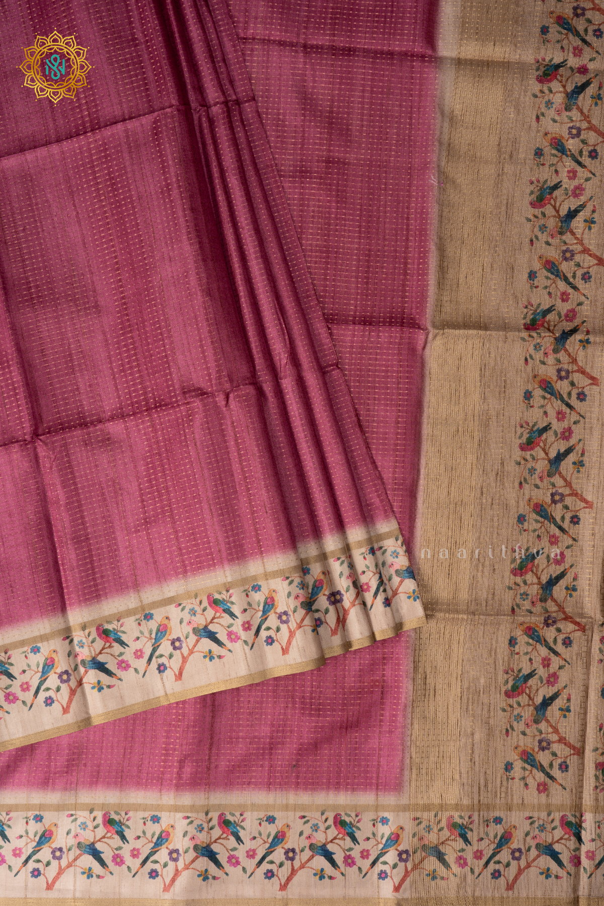 Rouge Pink With Beige Semi Tussar Silk Saree With Zari Stripes & Buttas On The Body, Printed Border And Contrast Blouse
