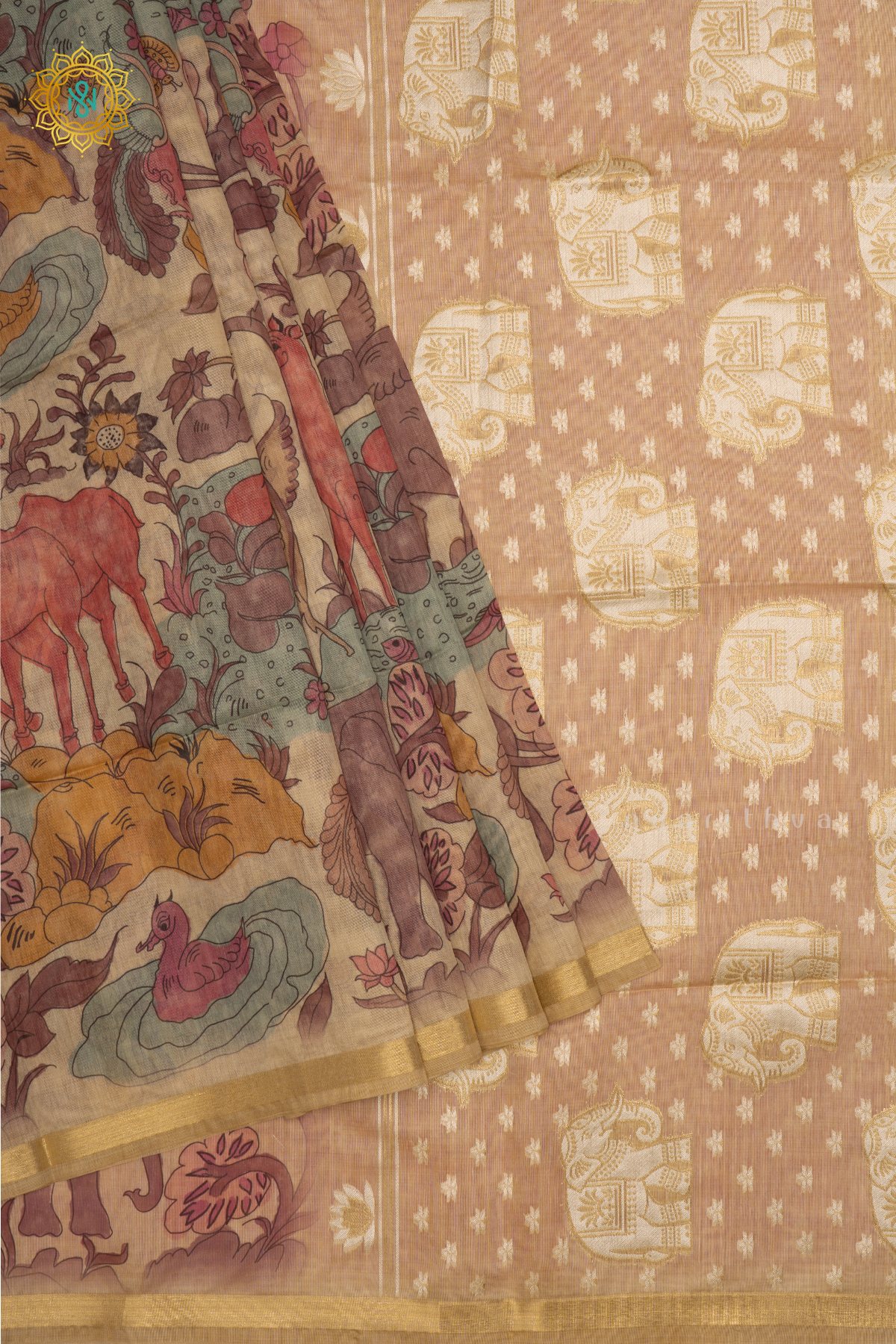 Beige With Pink Linen By Cotton Saree With Kalamkari Prints On The Body