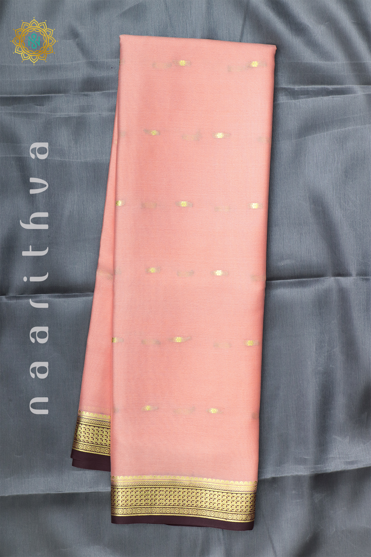 PEACH WITH BROWN - PURE MYSORE CREPE SILK