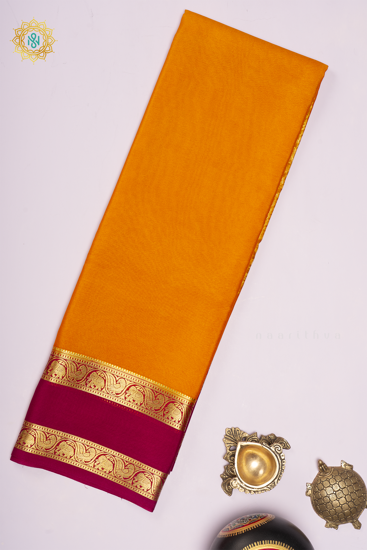 MANGO YELLOW WITH PINK - PURE MYSORE CREPE SILK