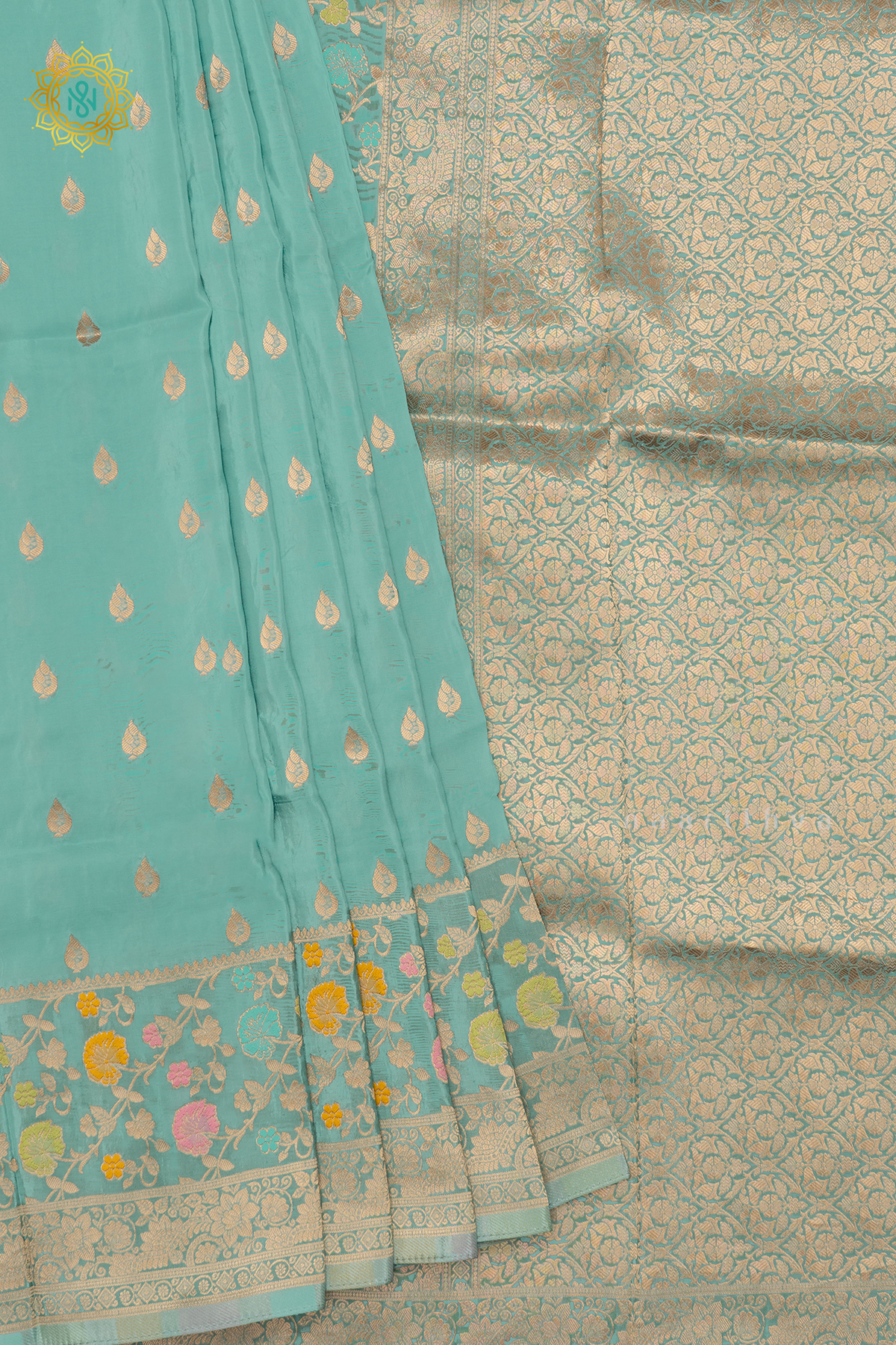 AQUA GREEN WITH BOTTLE GREEN - SATIN CREPE