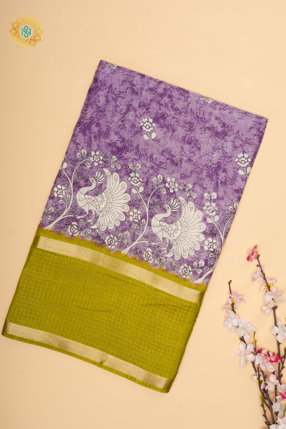 Lavender With Parrot Green Dola Silk Saree With Printed Body And Contrast Zari Checks Border