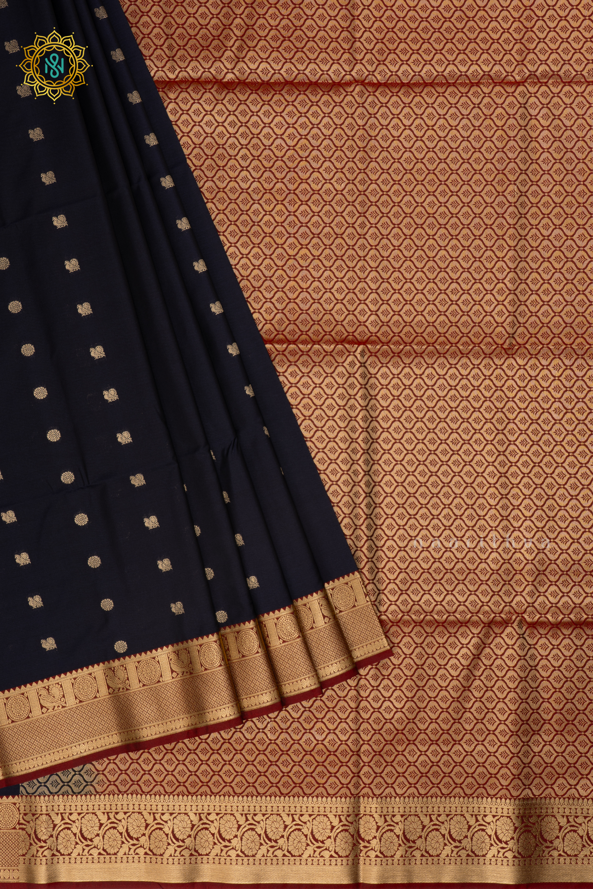 Navy Blue With Maroon Semi Soft Silk Saree Allover Zari Buttas And Contrast Zari Border