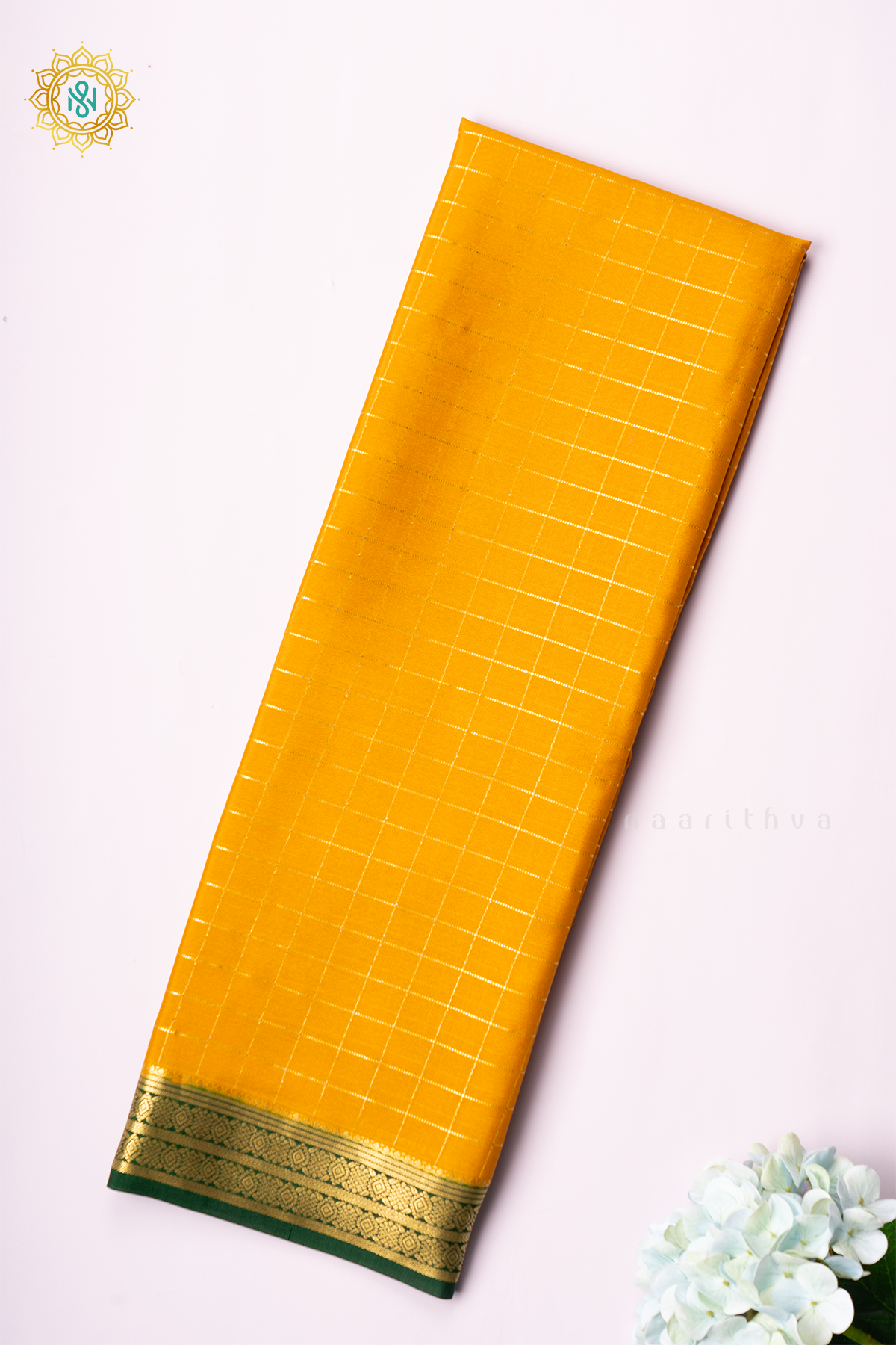 YELLOW WITH GREEN - PURE MYSORE CREPE SILK