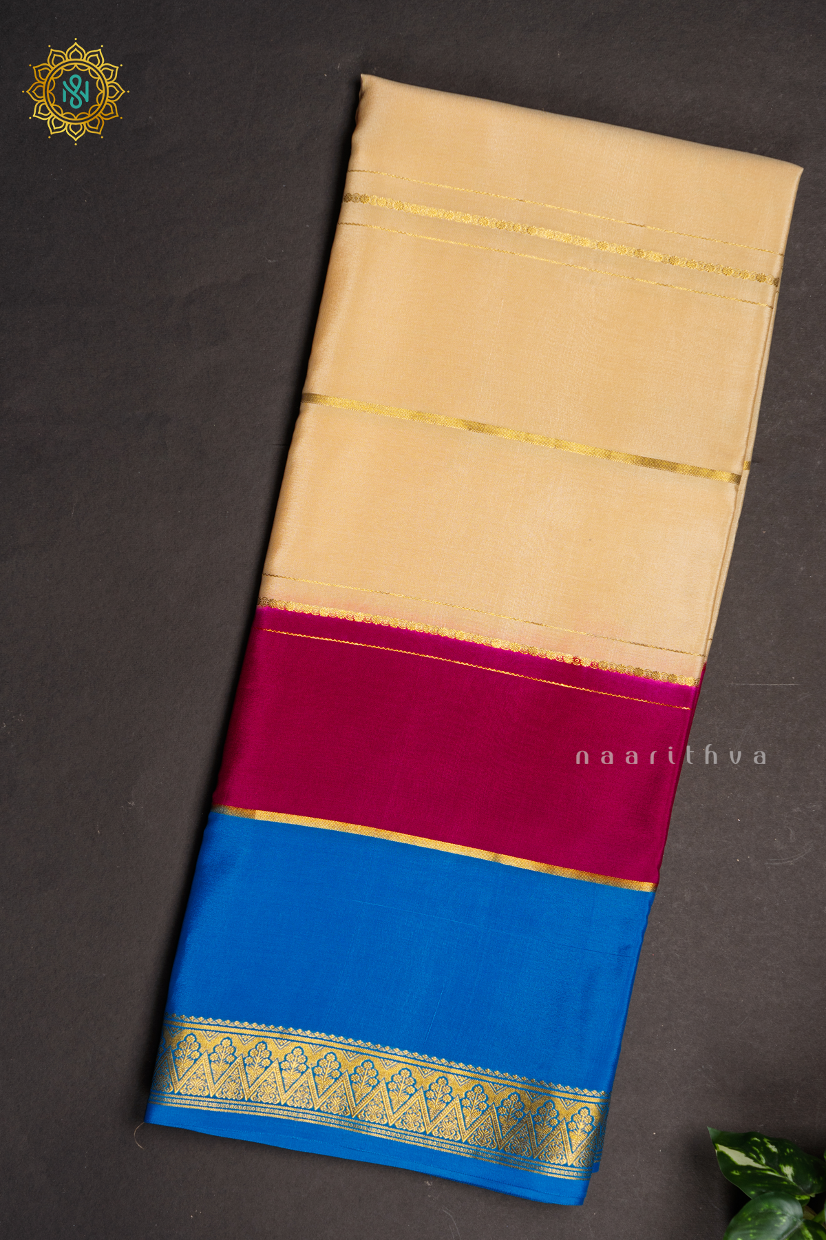 CREAM WITH PINK & SKY BLUE - PURE MYSORE CREPE SILK