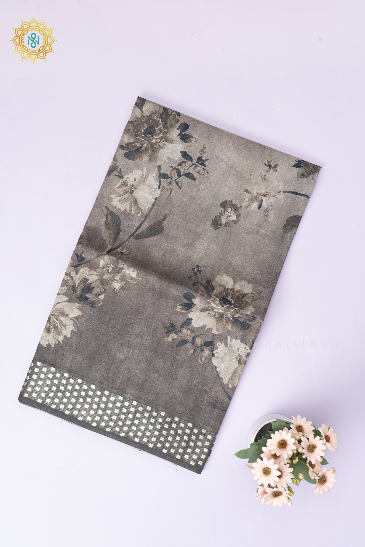 Elephant Grey Semi Cotton Tussar Saree with Printed Body & Contrast Pallu