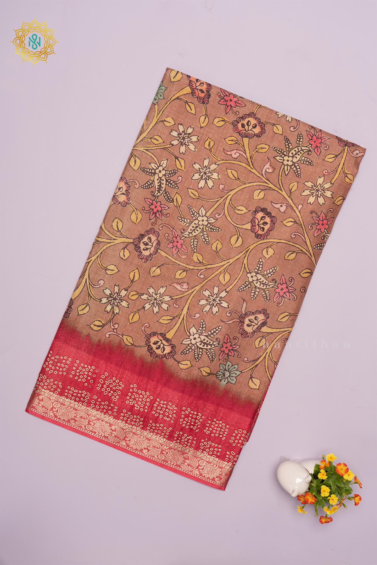 Light Brown With Pink Linen Tussar Saree With Printed Body