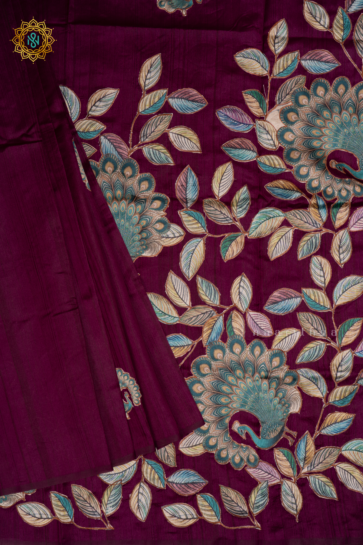 WINE - SEMI TUSSAR SILK WITH APPLIQUE WORK