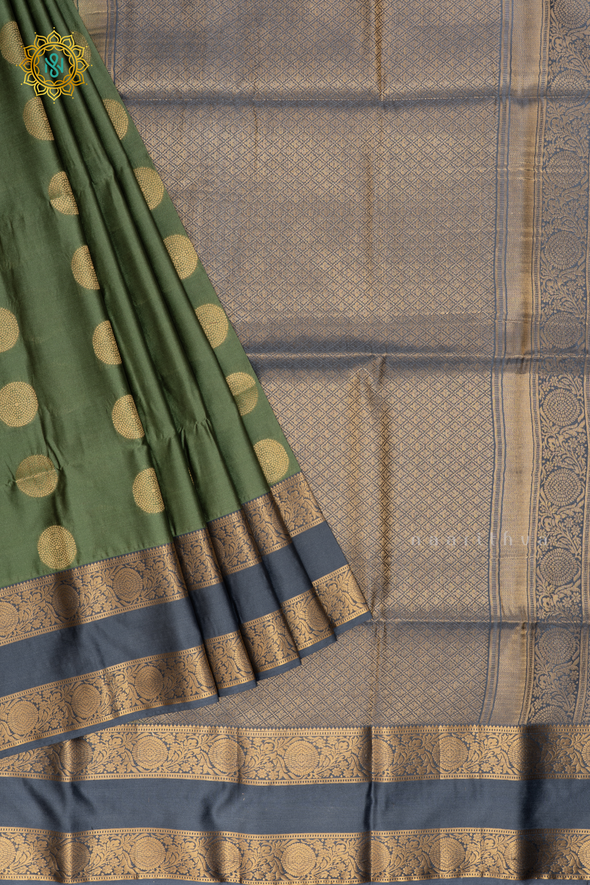 GREEN WITH GREYISH BLUE - SEMI SOFT SILK SAREE ALLOVER ZARI BUTTAS AND CONTRAST GAP BORDER