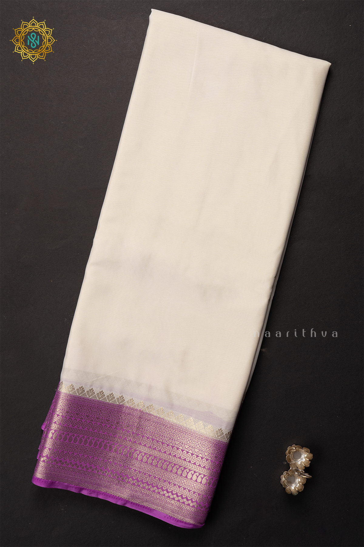 WHITE WITH LAVENDER - SEMI MYSORE CREPE SILK