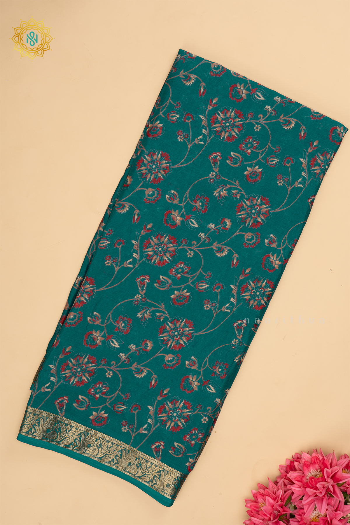 Cyan Green Semi Georgette Saree With Printed Body And Zari Border