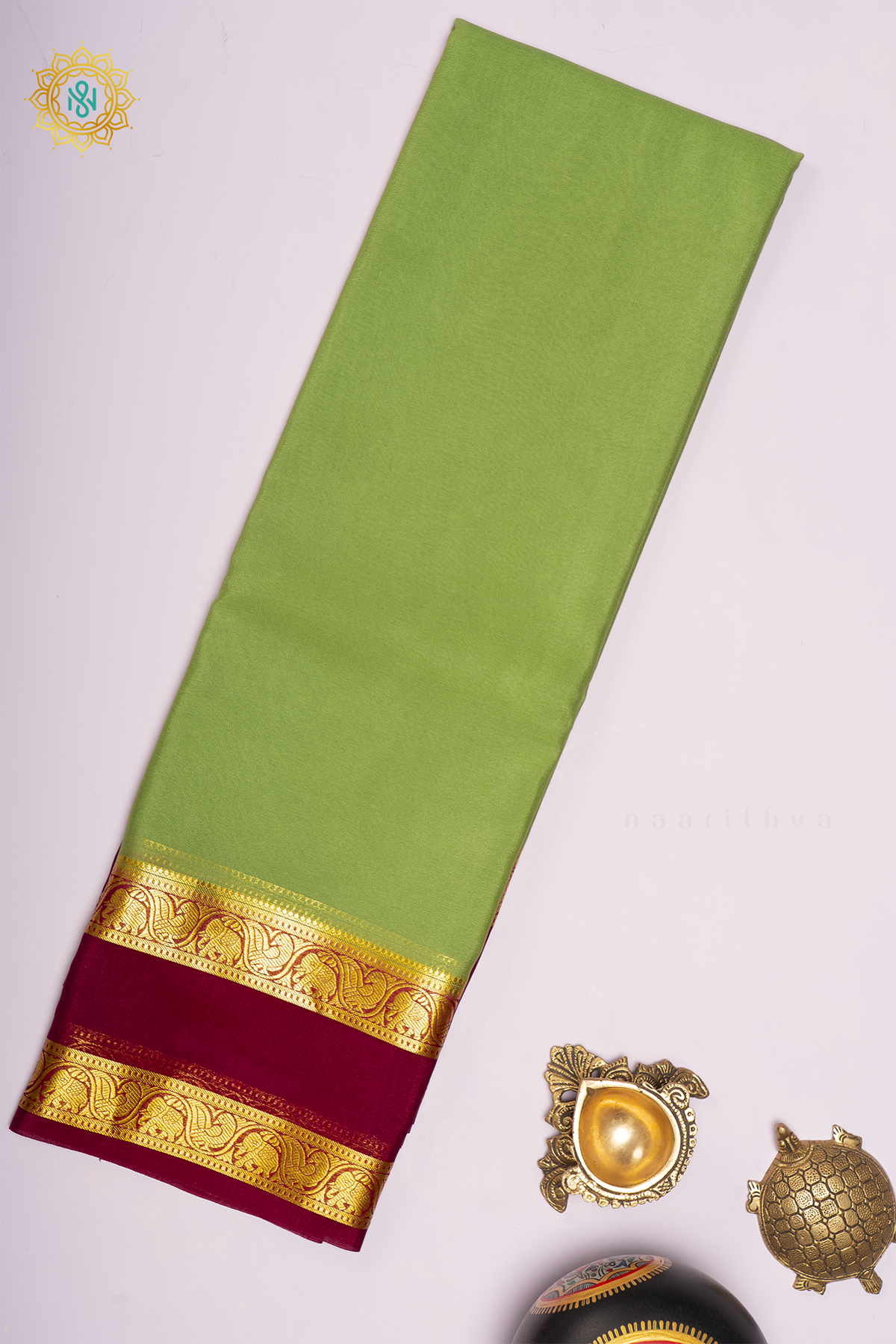 PISTA GREEN WITH MAROON - PURE MYSORE CREPE SILK