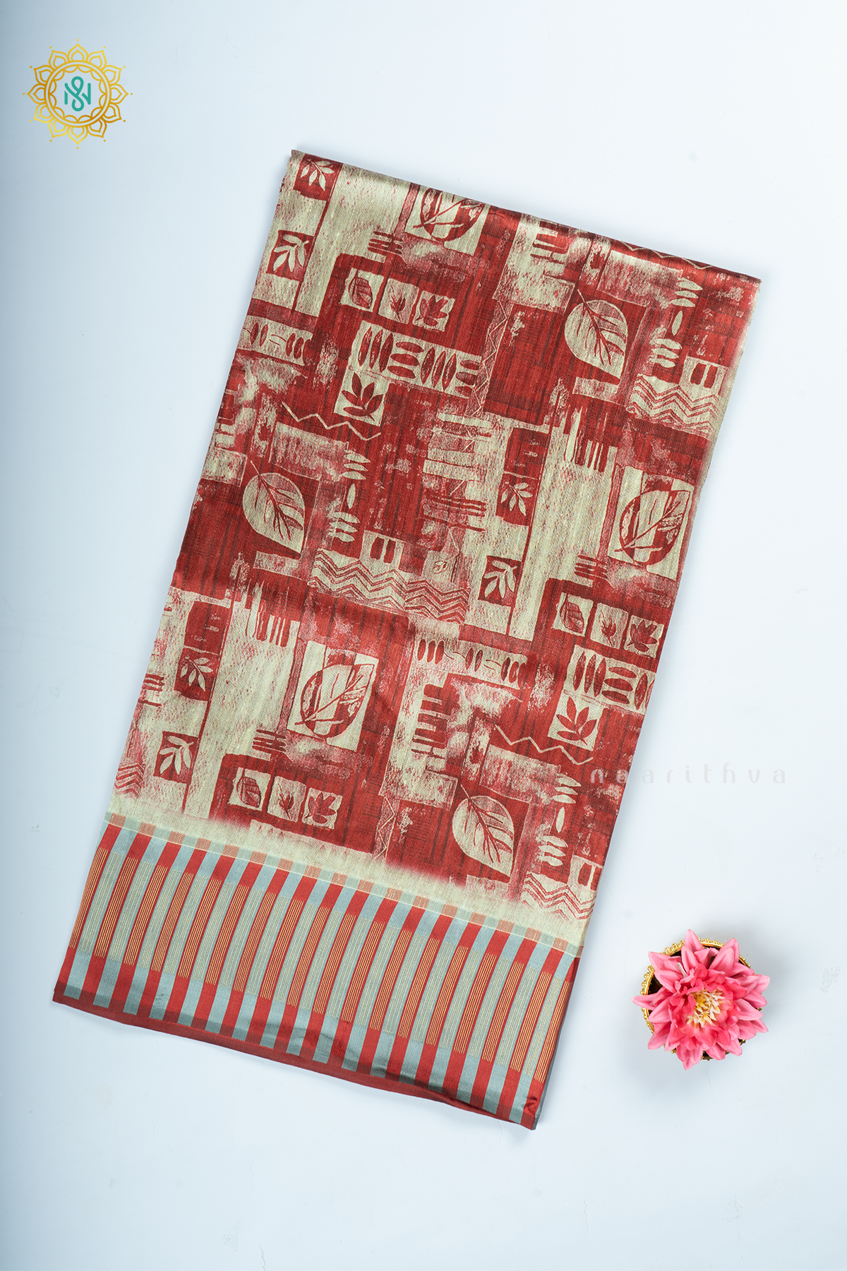 Beige With Red Semi Tussar Silk With Printed Body With Zari Border & Pallu