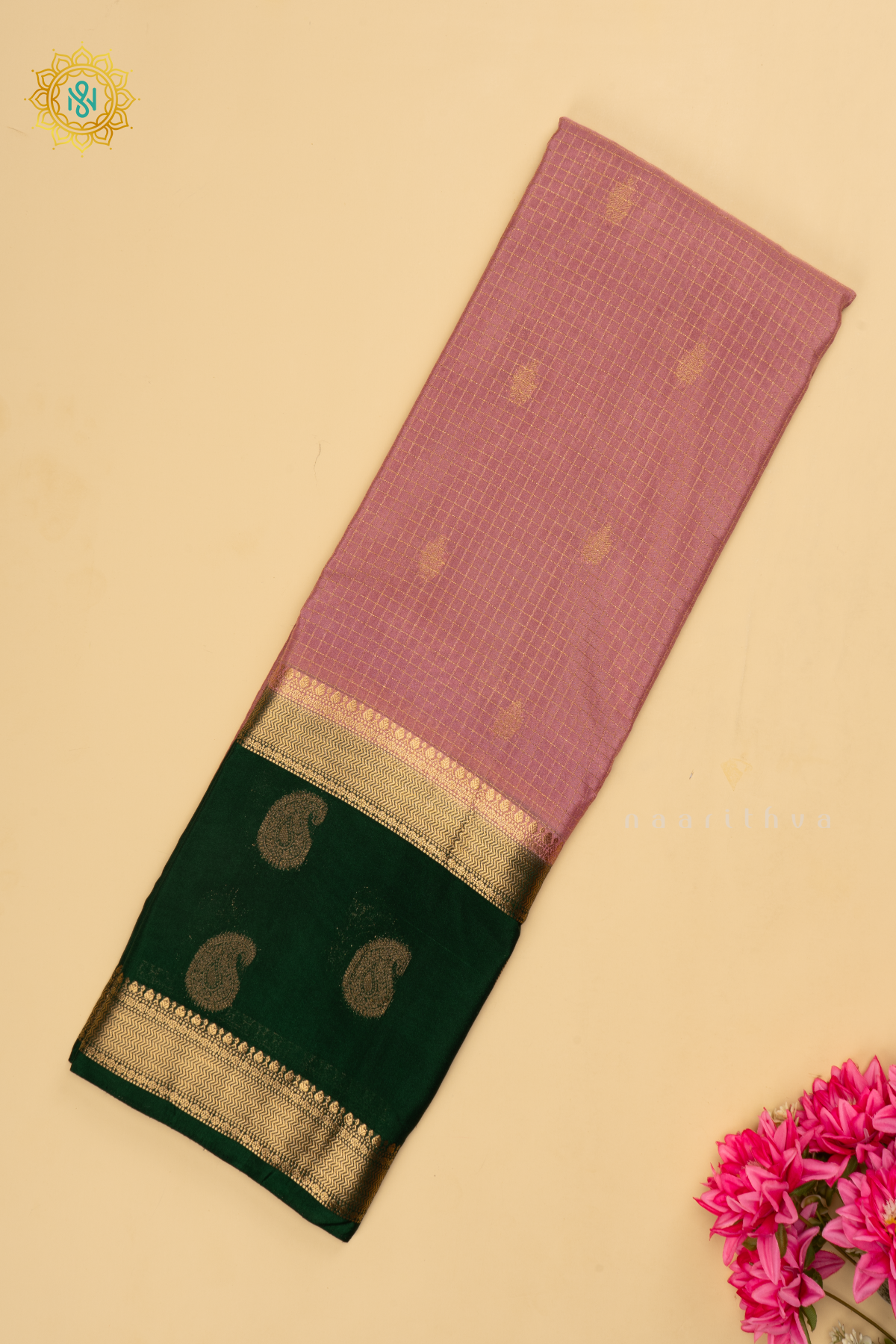 Pinkish lavender with Bottle Green Semi Mysore Crepe Silk Saree with All-Over Zari Checks and Buttas and a Contrast Zari Gap Border