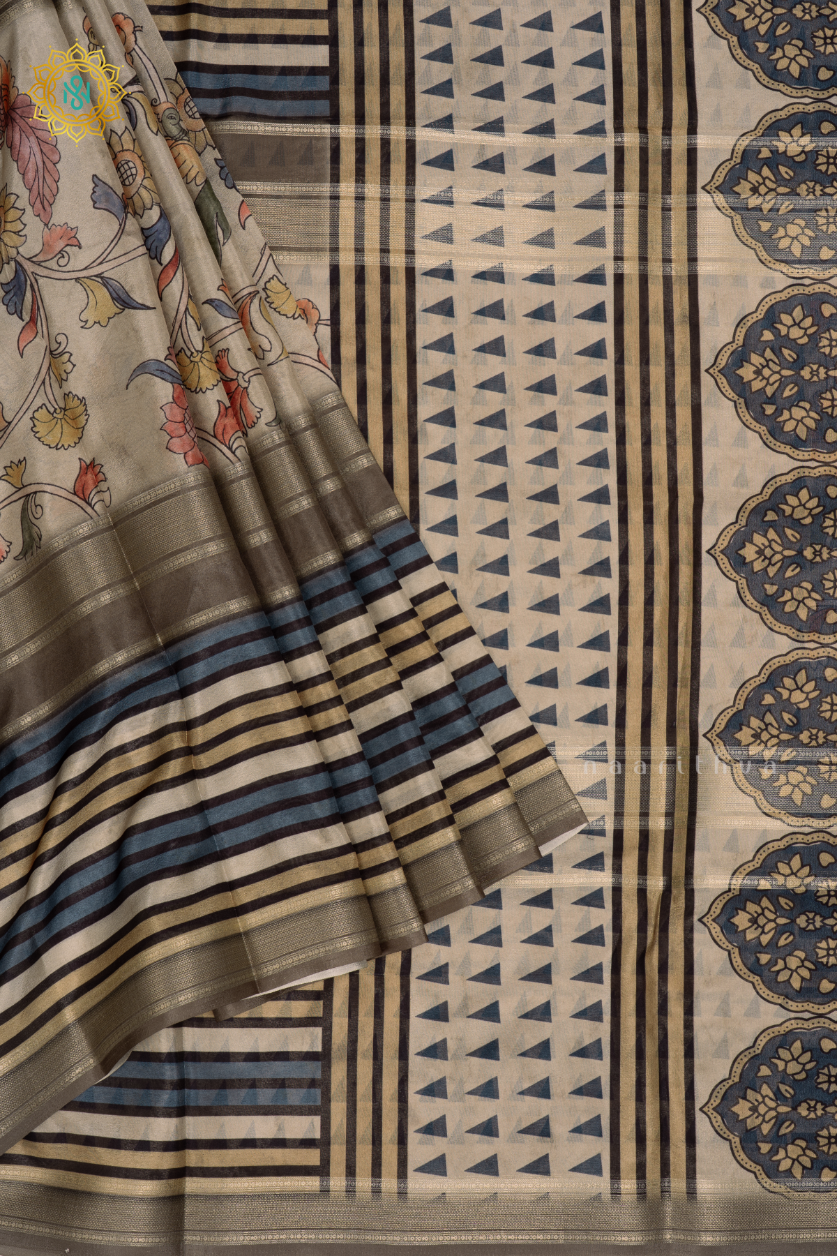 Grey - Semi Crepe Silk Saree Allover Printed Body with Zari Stripes with Pallu and Blouse