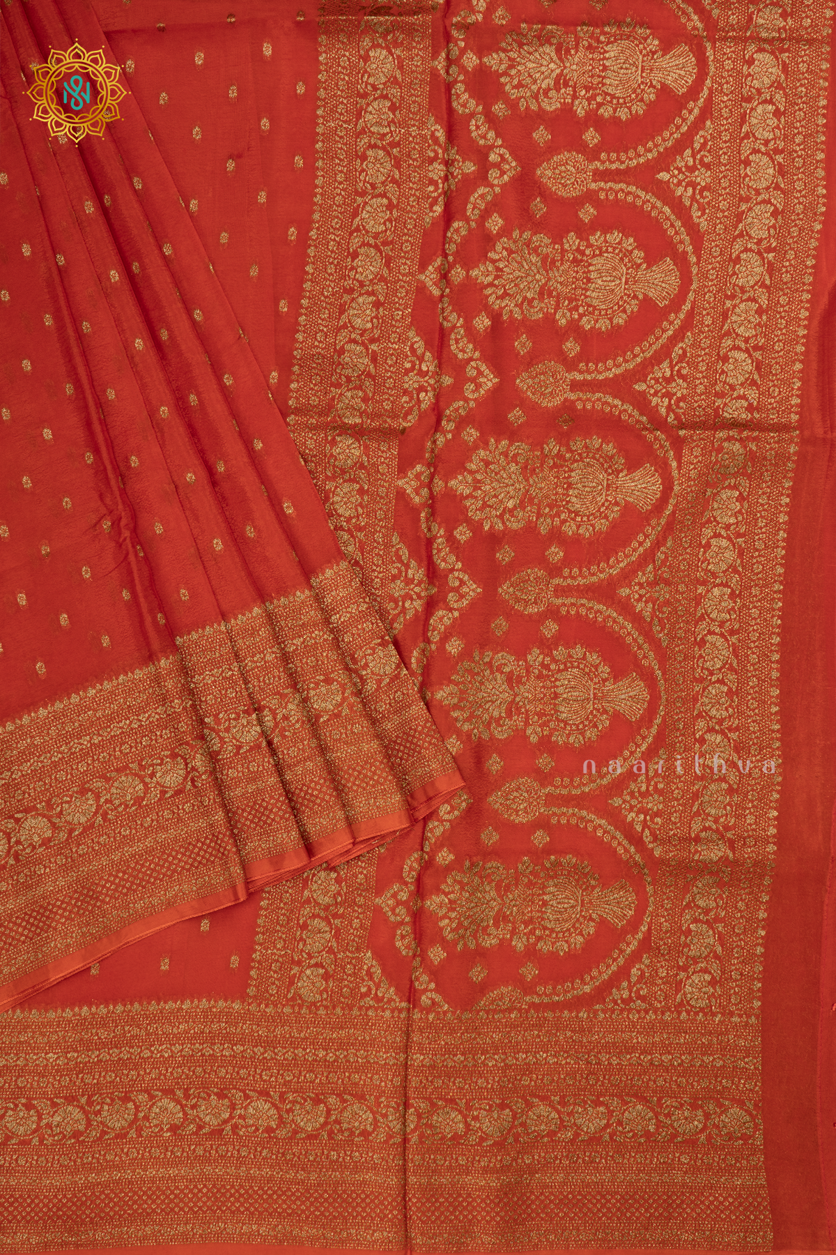 Orange Semi Banarasi Crepe Silk Saree with All-Over Zari Buttas and a Zari Border