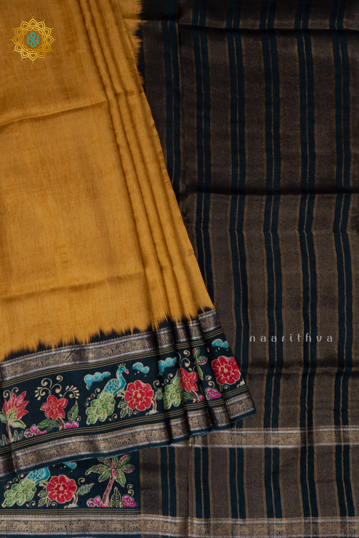 Yellow With Blue Printed Semi Crepe Silk With Contrast Border, Pallu