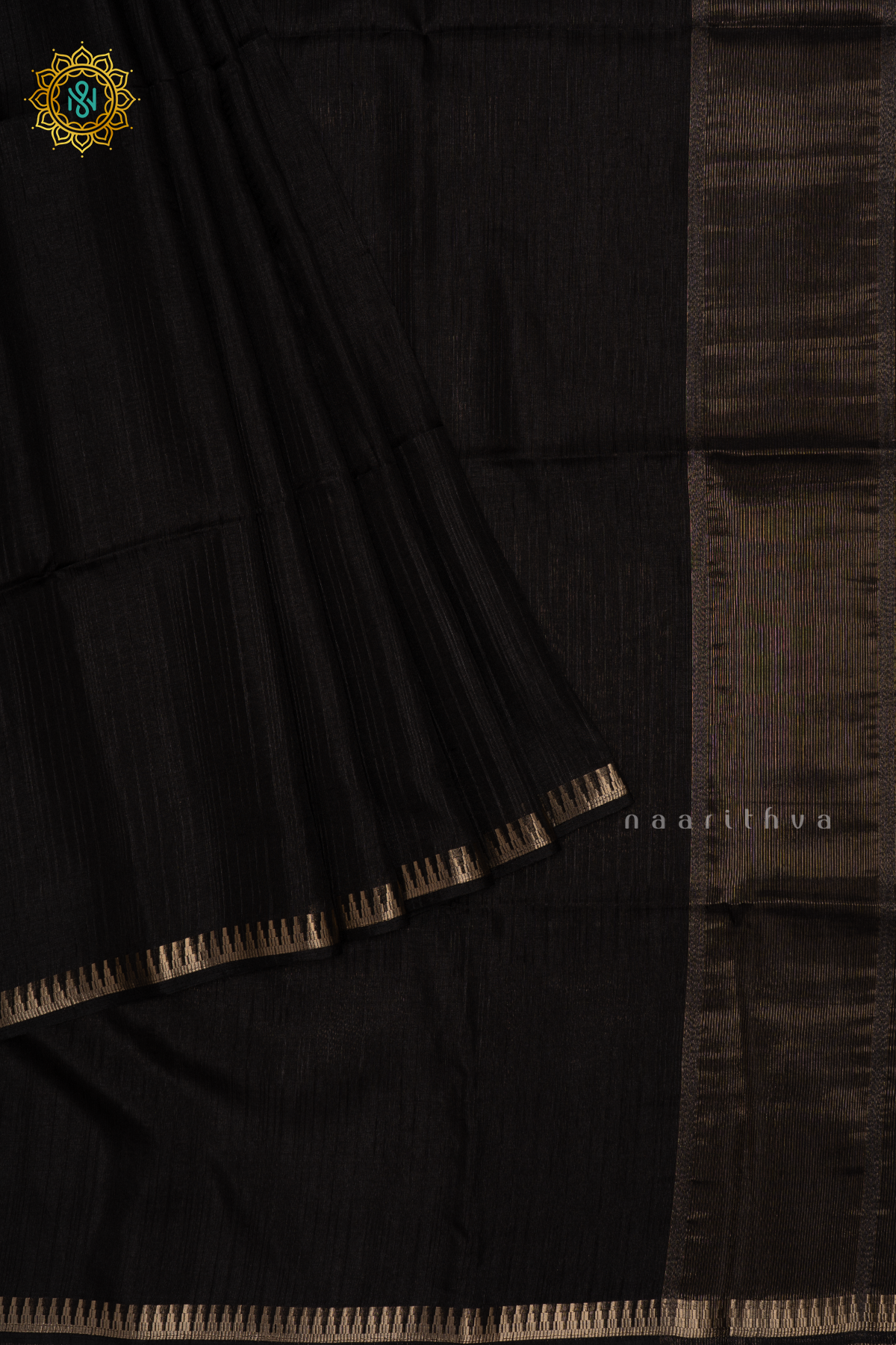 Black Semi Raw Silk Saree With Plain Body And Temple Zari Border