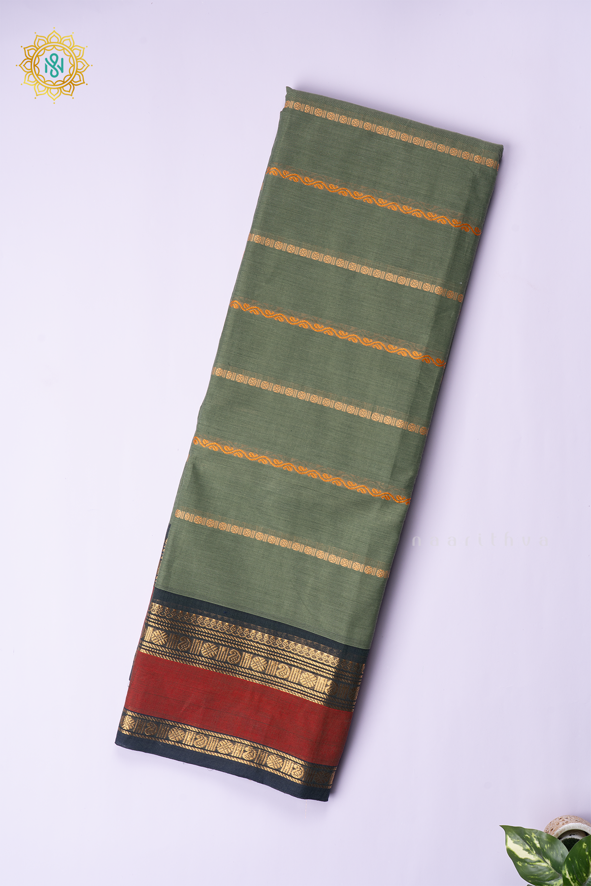 SAGE GREEN WITH NAVY BLUE - CHETTINAD COTTON
