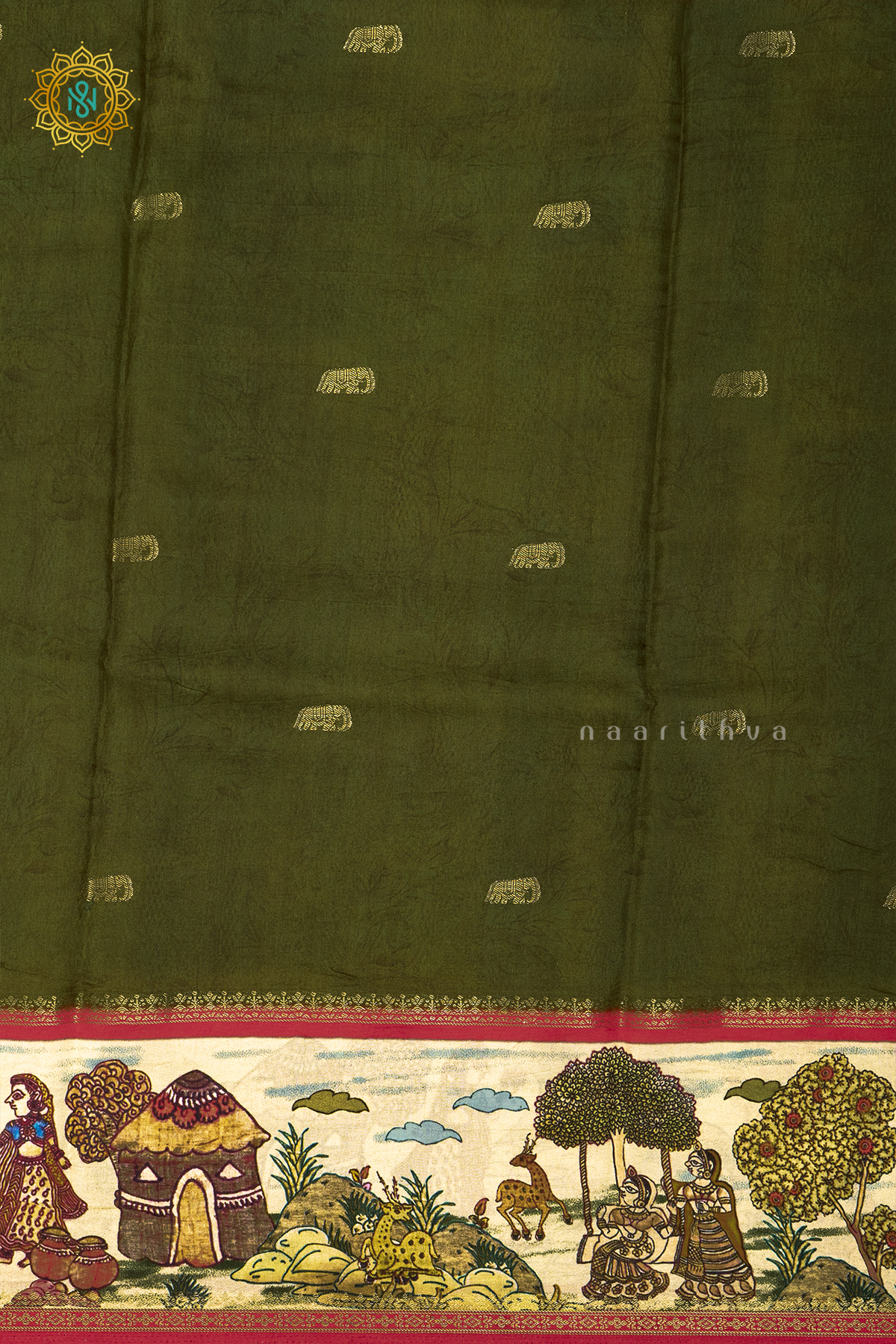 OLIVE GREEN WITH ORANGISH RED - SEMI CREPE SILK