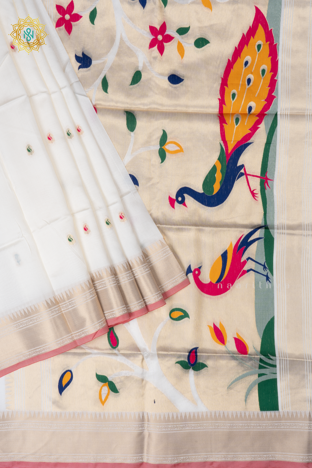 White Semi Tussar Silk Saree Zari Buttas On The Body With Paithani Border & Pallu