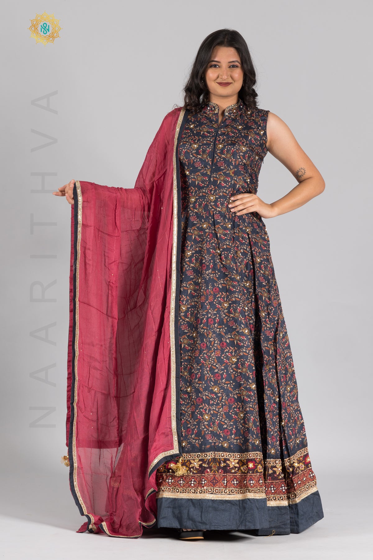 GREY WITH PINK - PRINTED PARTY WEAR GOWN WITH DUPATTA