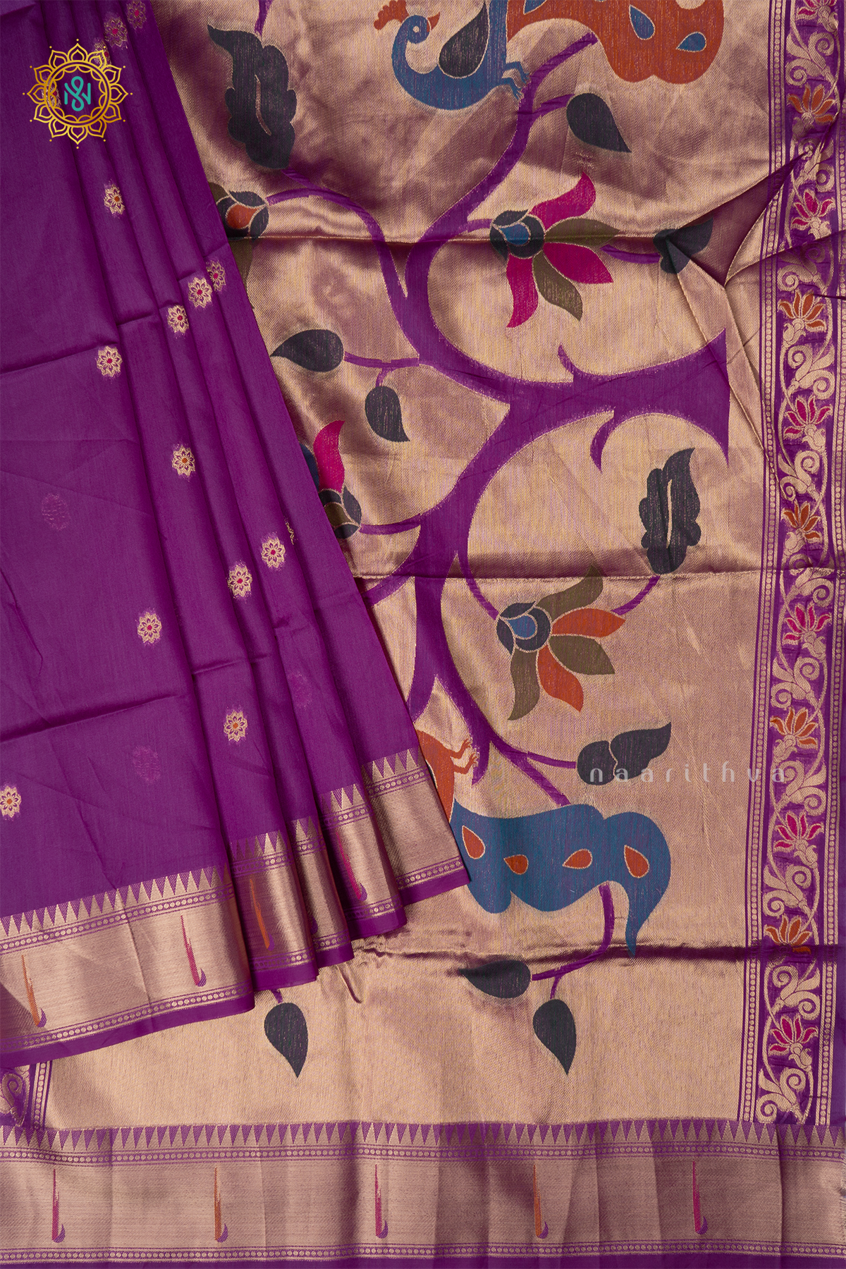 Magenta Semi Tussar Silk Saree Zari Buttas On The Body With Paithani Border & Pallu