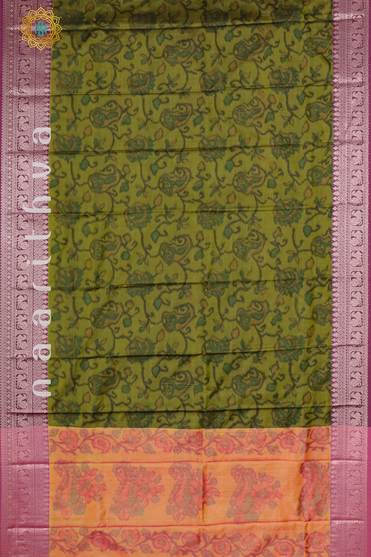 GREEN WITH PINK & ORANGE - SILK COTTON