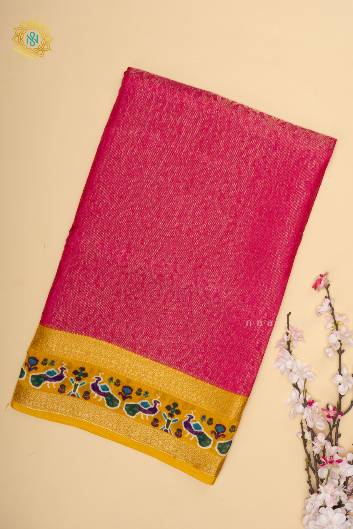 Pink With Yellow Dola Silk Saree With Zari Woven Body And Printed Zari Border