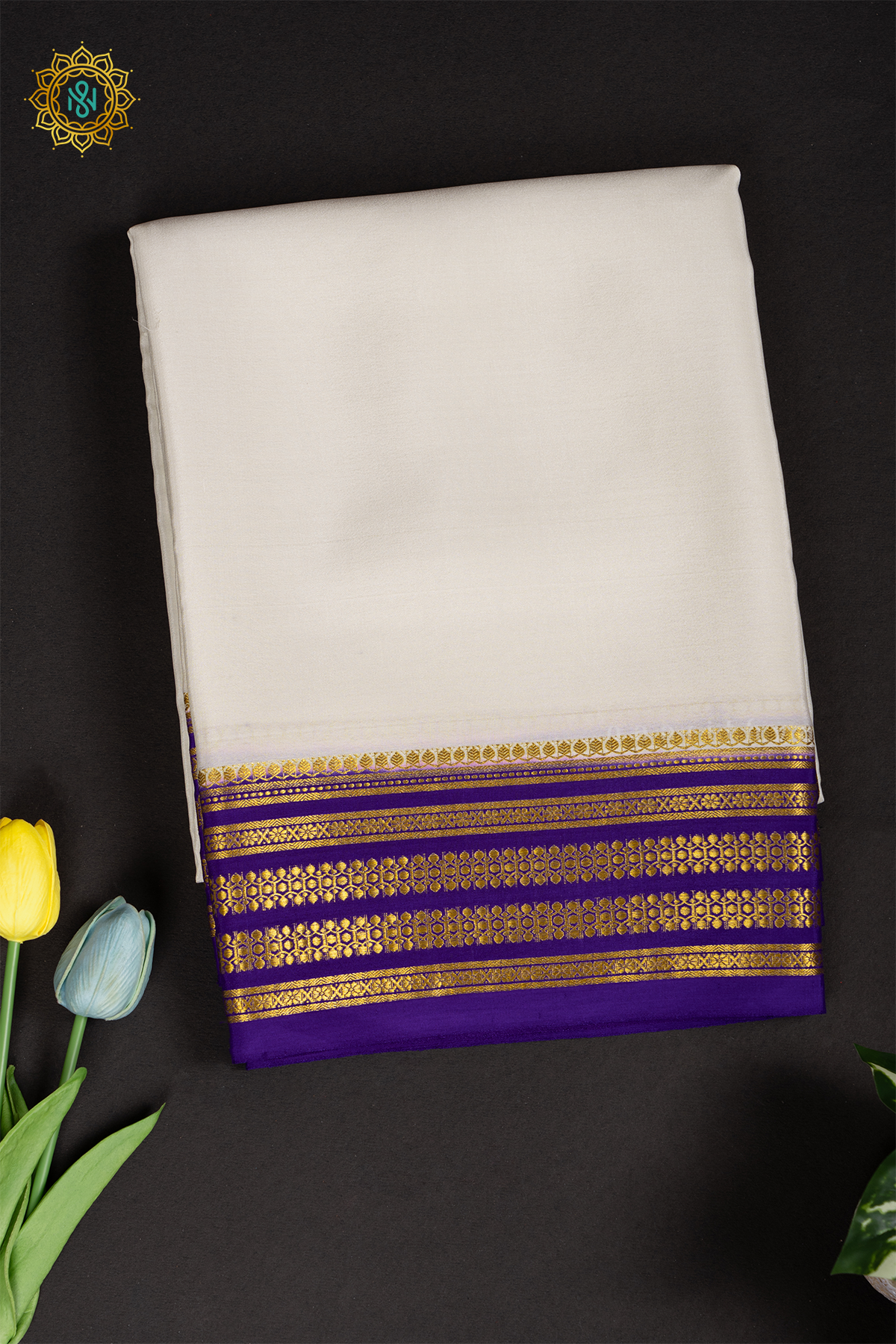 WHITE WITH VIOLET - PURE MYSORE CREPE SILK