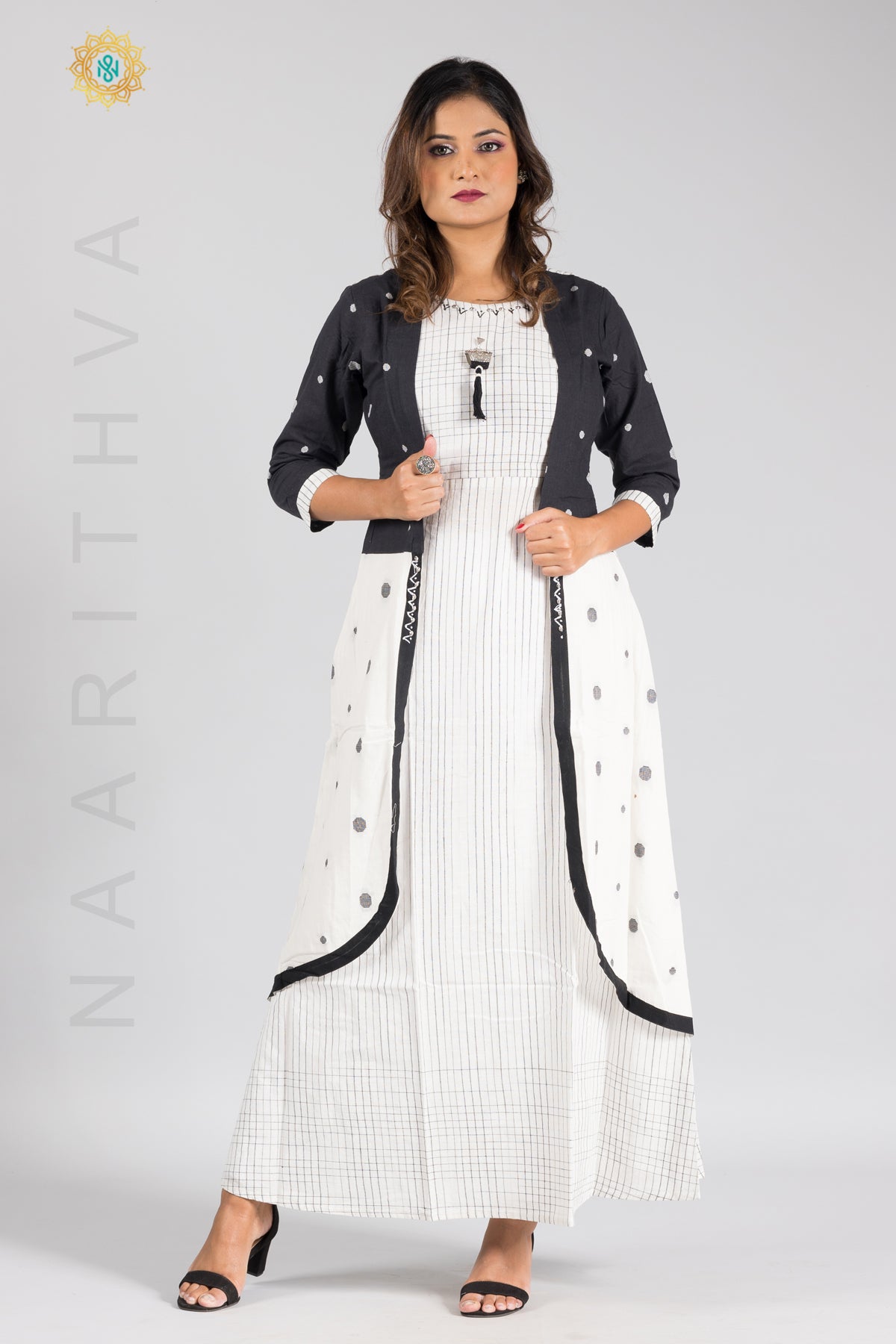 WHITE & BLACK - CASUAL FLOOR LENGTH KURTI WITH ATTACHED WAIST COAT