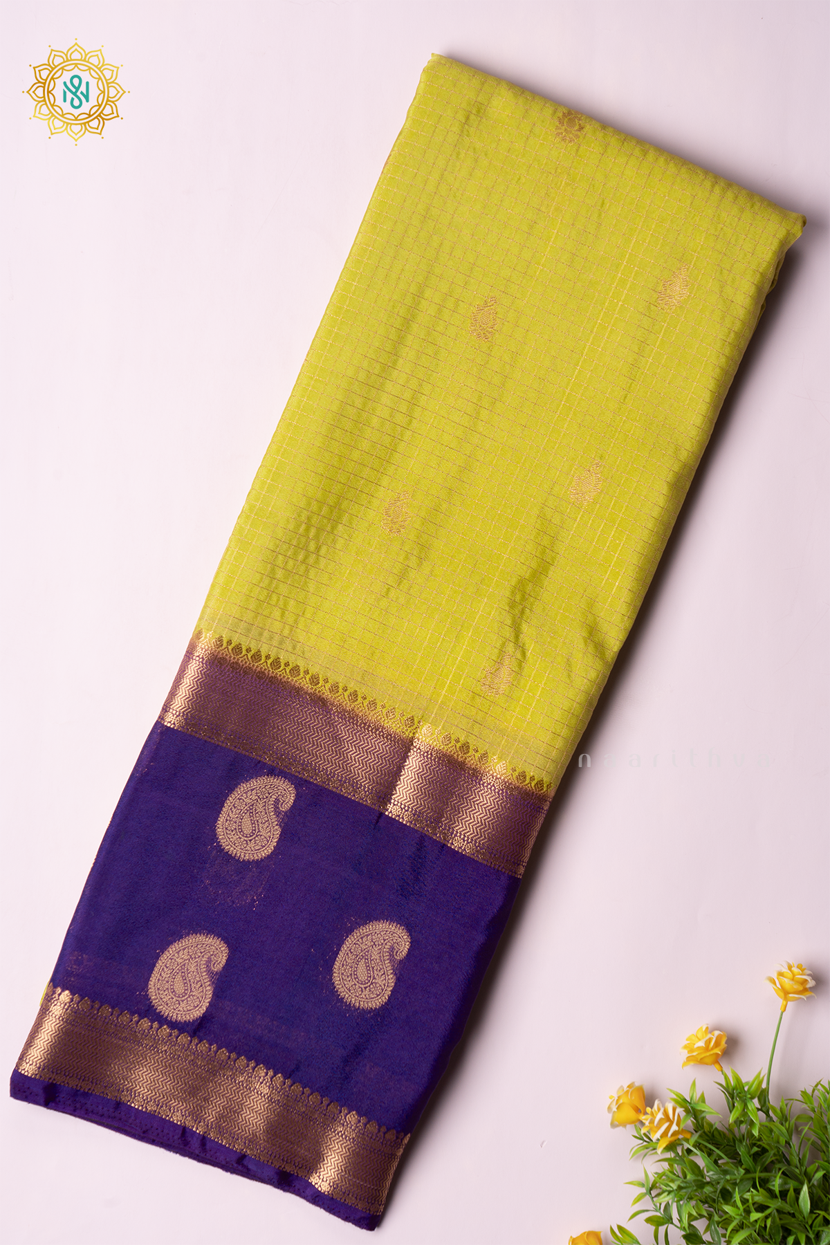 PARROT GREEN WITH PURPLE - SEMI MYSORE CREPE SILK