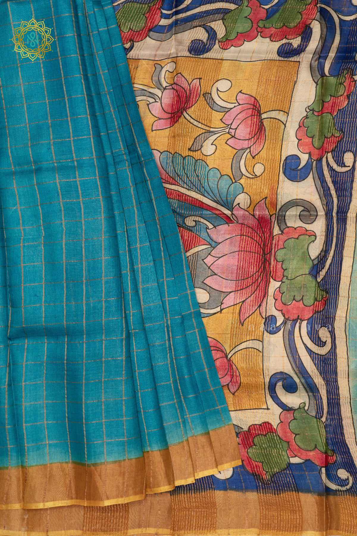BLUE WITH MUSTARD - PURE TUSSAR SILK