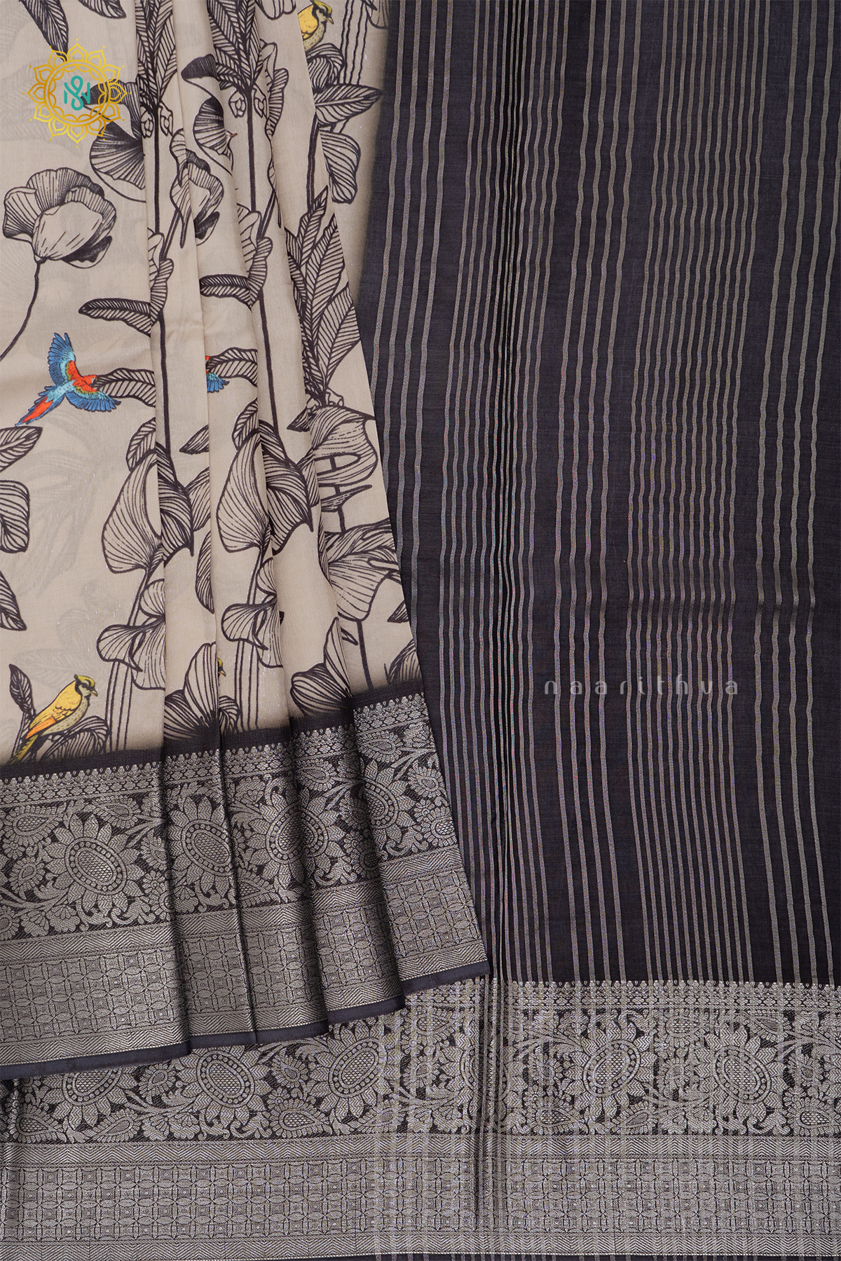 OFF WHITE WITH BLACK - SEMI CREPE SILK