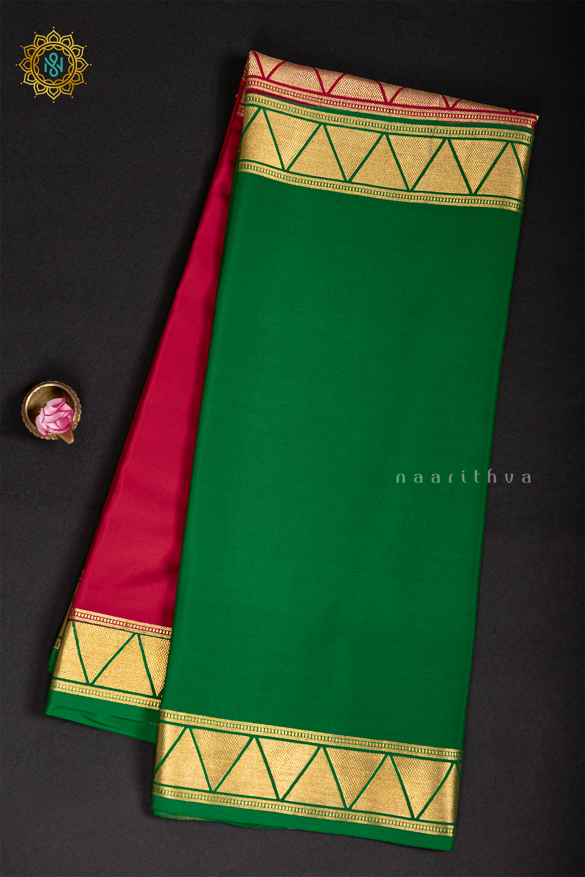 RED WITH GREEN - PURE MYSORE CREPE SILK