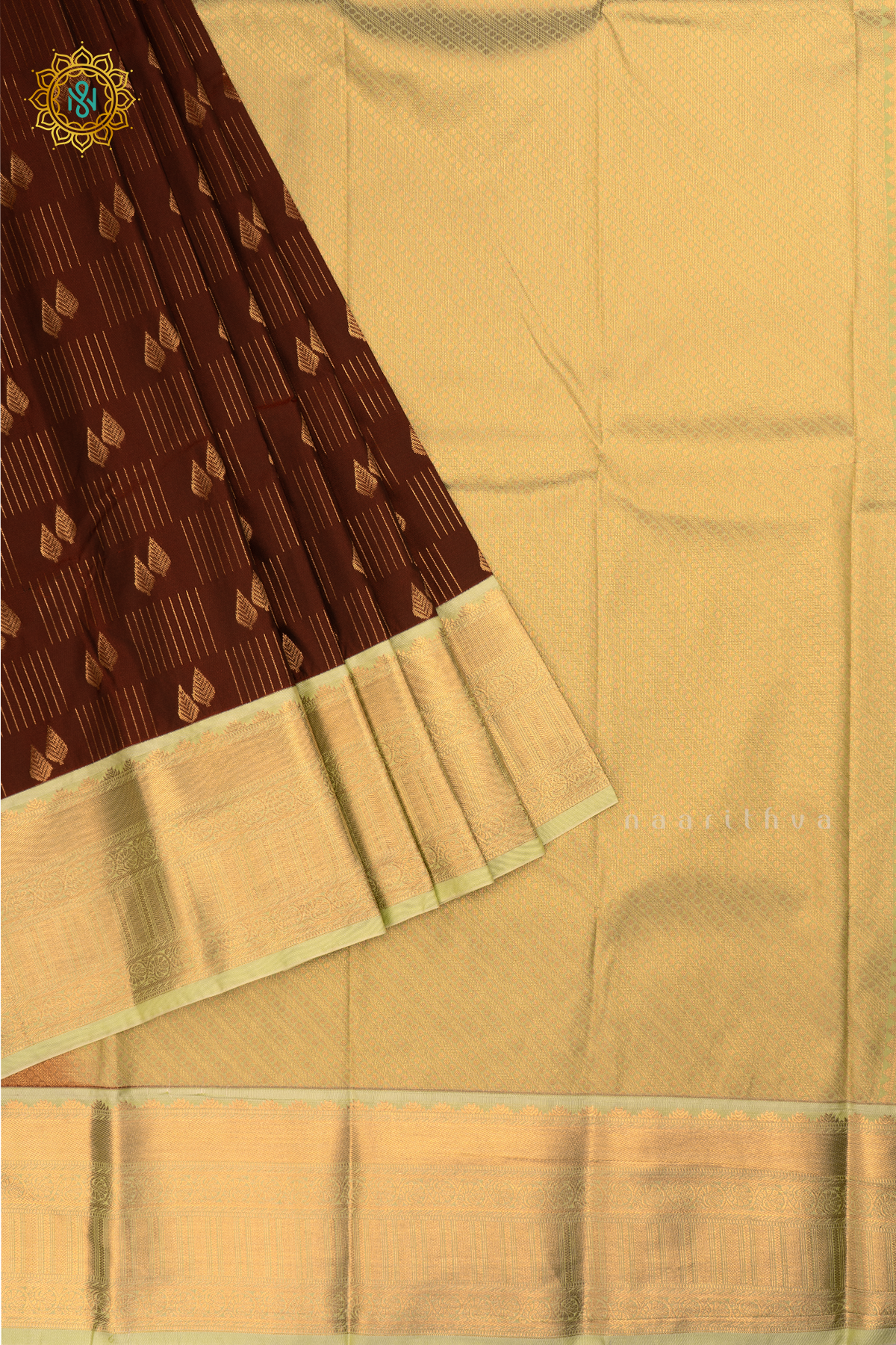 Brown with Light Green Semi Kanchi Saree With Zari Buttas All Over And Contrast Zari Border