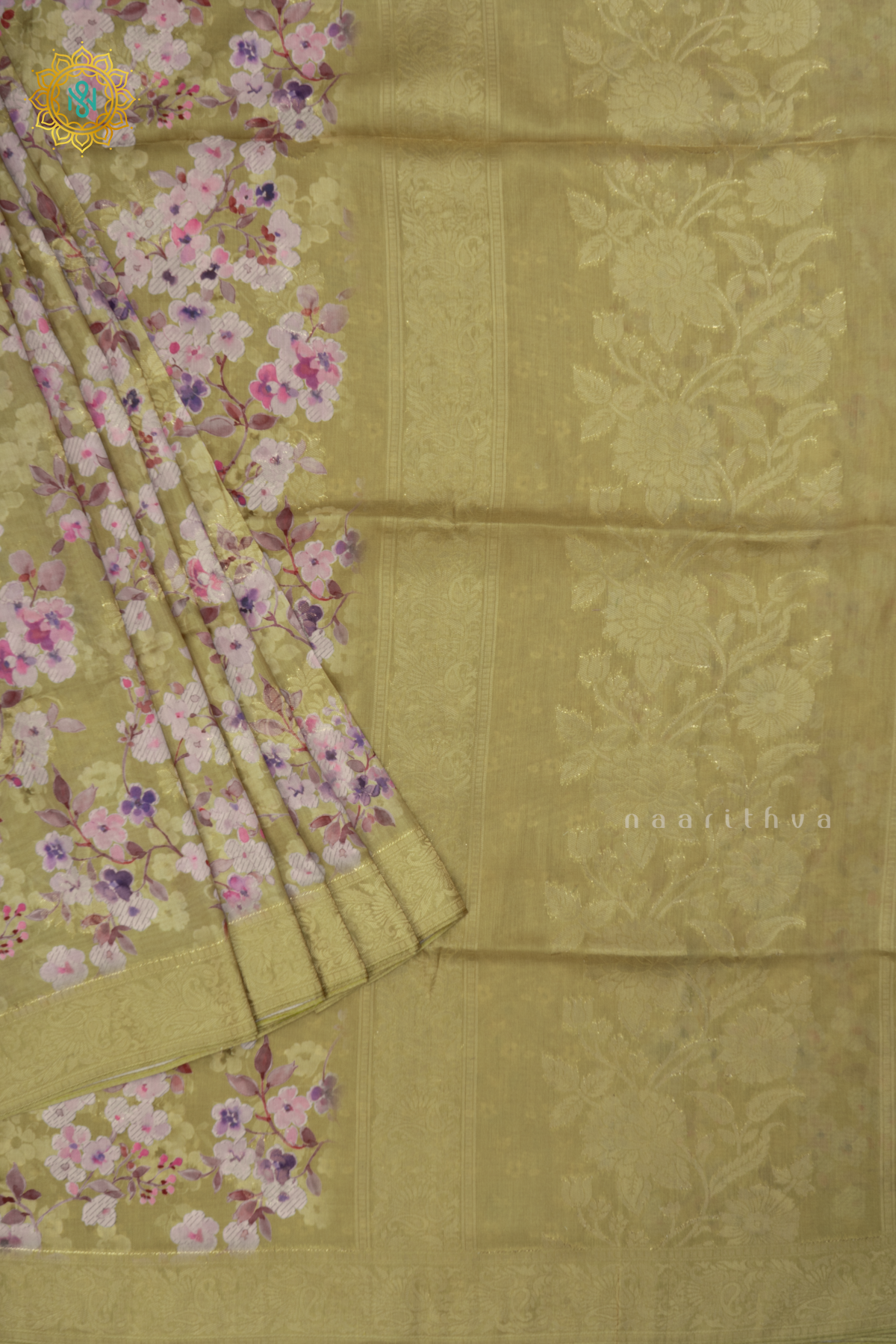 Light Green Semi Crepe Silk Saree with Printed Body, Zari Border, and Zari Pallu
